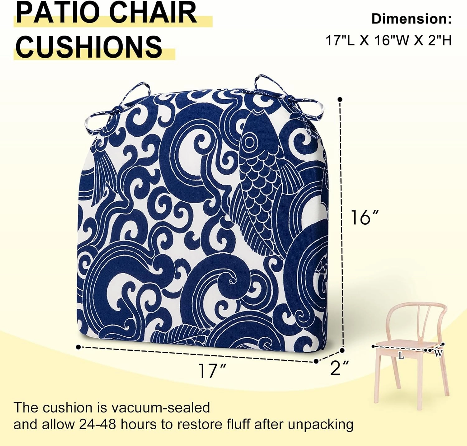 downluxe Outdoor Chair Cushions Set of 4 for Patio Furniture, Water-Resistant Patio Chair Cushions with Ties, High Density Foam Outdoor Seat Cushion, 17" X 16" X 2", Blue Carp