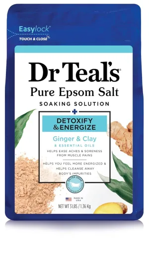 Dr Teal's Epsom Salt Soaking Solution, Detoxify & Energize, Ginger & Clay, 3lbs (Packaging May Vary)