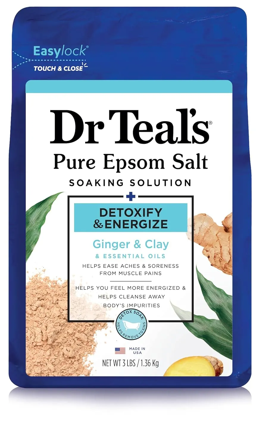 Dr Teal's Epsom Salt Soaking Solution, Detoxify & Energize, Ginger & Clay, 3lbs (Packaging May Vary)