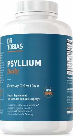 Dr. Tobias Psyllium Daily, Supports Healthy Bowel Movement, Psyllium Husk Capsules with Bentonite Clay, Flaxseed & Natural Ingredients, Daily Fiber Supplement in Support of Colon Health, 180 Capsules
