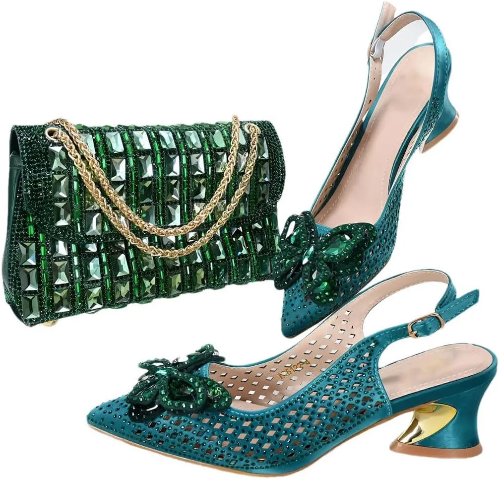 Durable Slingback Block Heel Sandals and Shiny Metallic Shoulder Bag Set for Ladies Cocktail Parties Travel