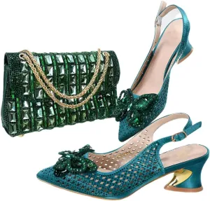 Durable Slingback Block Heel Sandals and Shiny Metallic Shoulder Bag Set for Ladies Cocktail Parties Travel