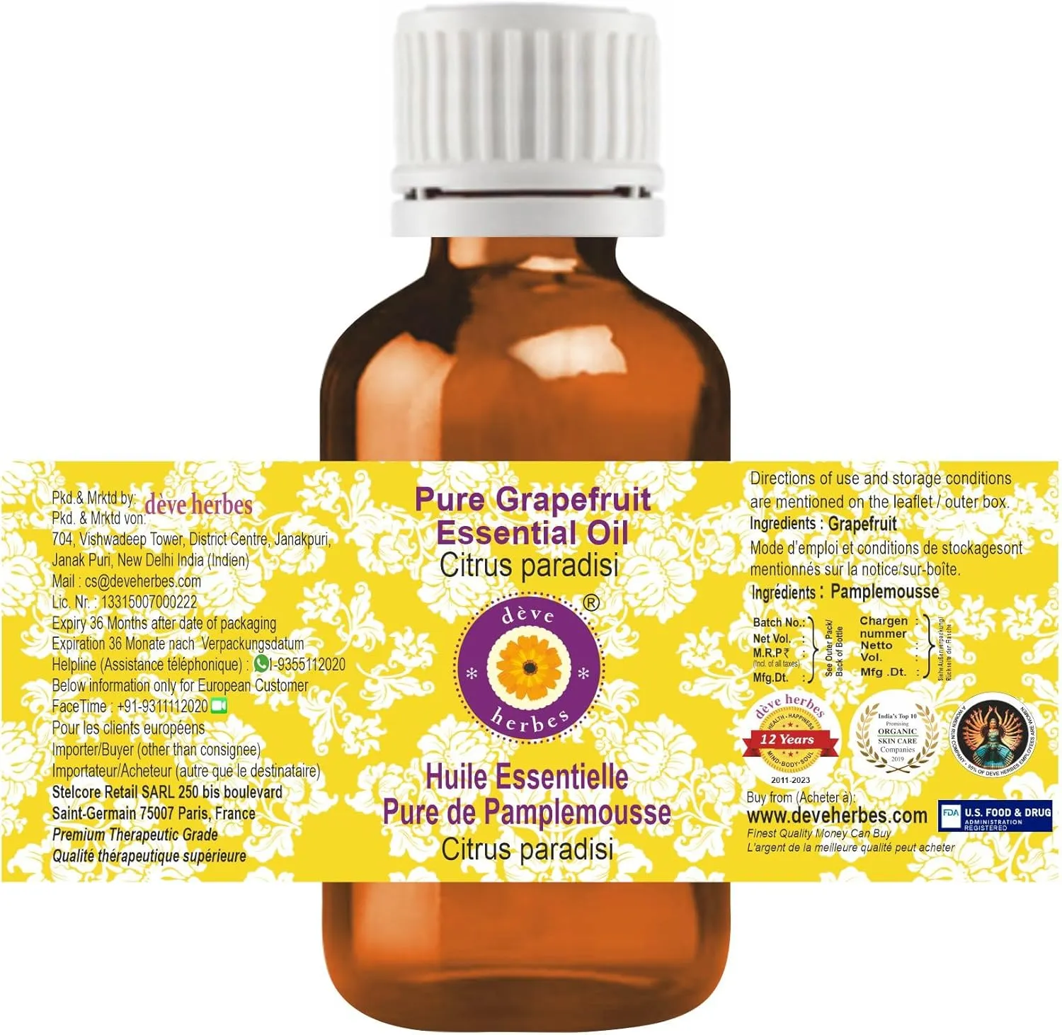 dève herbes Grapefruit Essential Oil (Citrus paradisi) Pure | Non-Sticky | Non-Greasy | Lightweight | Men & Women | All Skin Types | Steam Distilled 100ml (3.38 oz)