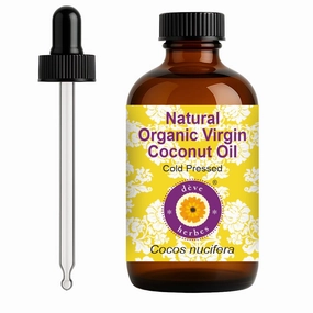 dève herbes Organic Virgin Coconut Oil (Cocos nucifera) with Glass Dropper | Cold Pressed | Pure | For Diluting Essential oils | Hair, Skin & Massage | Non-Sticky| Lightweight| Unisex | 120ml (4 oz)