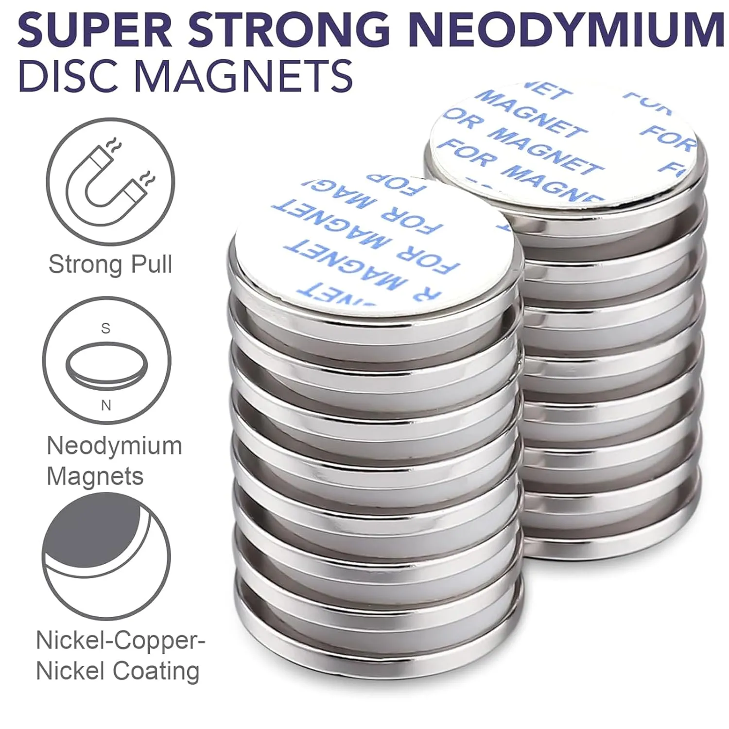 E BAVITE Super Strong Neodymium Disc Magnets with Double-Sided Adhesive - 50 Pack Rare Earth Magnets for Fridge, DIY Building, Scientific Craft, and Office Use - 1.26 inch D x 1/8 inch