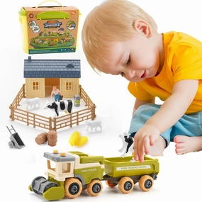 Eaciilee Sandbox Toys - Combine Harvester Truck with Trailer - Farm Sandbox Vehicle with Farm Animal Cows, Lambs - Gifts for Boys, Girls, Kids