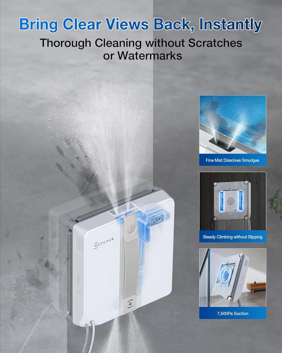 ECOVACS WINBOT Mini Window Cleaning Robot - Compact Design, Dual Nozzles with Ultrasonic Spray, 9-Stage Protection System, Intelligent Path Planning, 3 Cleaning Modes, Anti-Slipping System