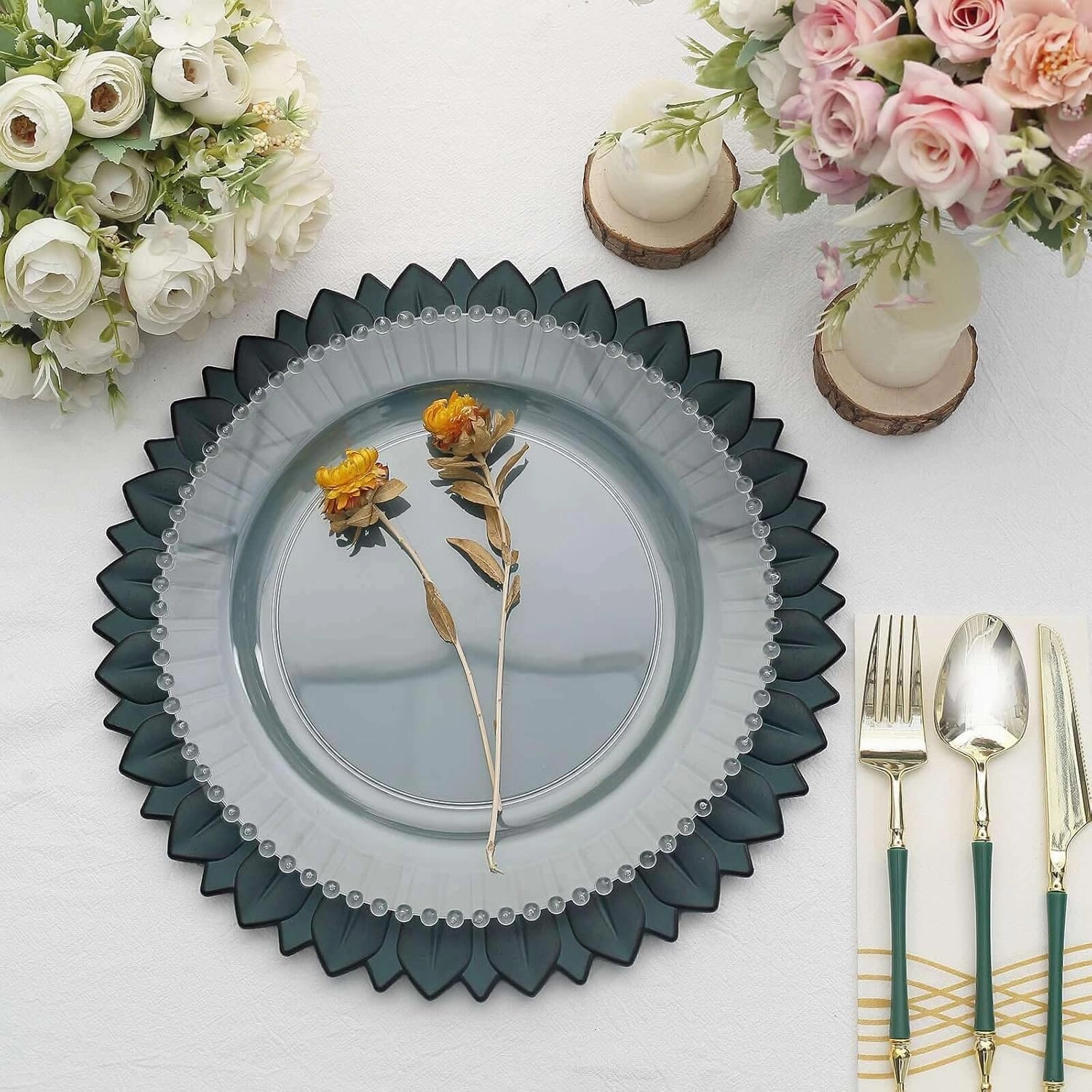 Efavormart 12-Pack Plastic Charger Plates 13" Round Teal with Sunflower Rim - Matte Finish Disposable Dinner Charger Tableware
