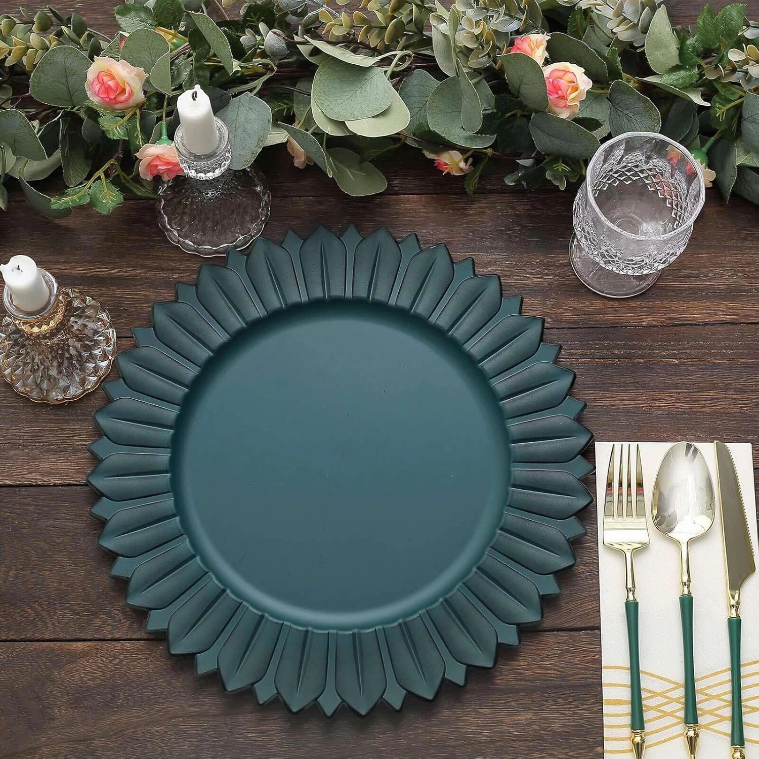Efavormart 12-Pack Plastic Charger Plates 13" Round Teal with Sunflower Rim - Matte Finish Disposable Dinner Charger Tableware