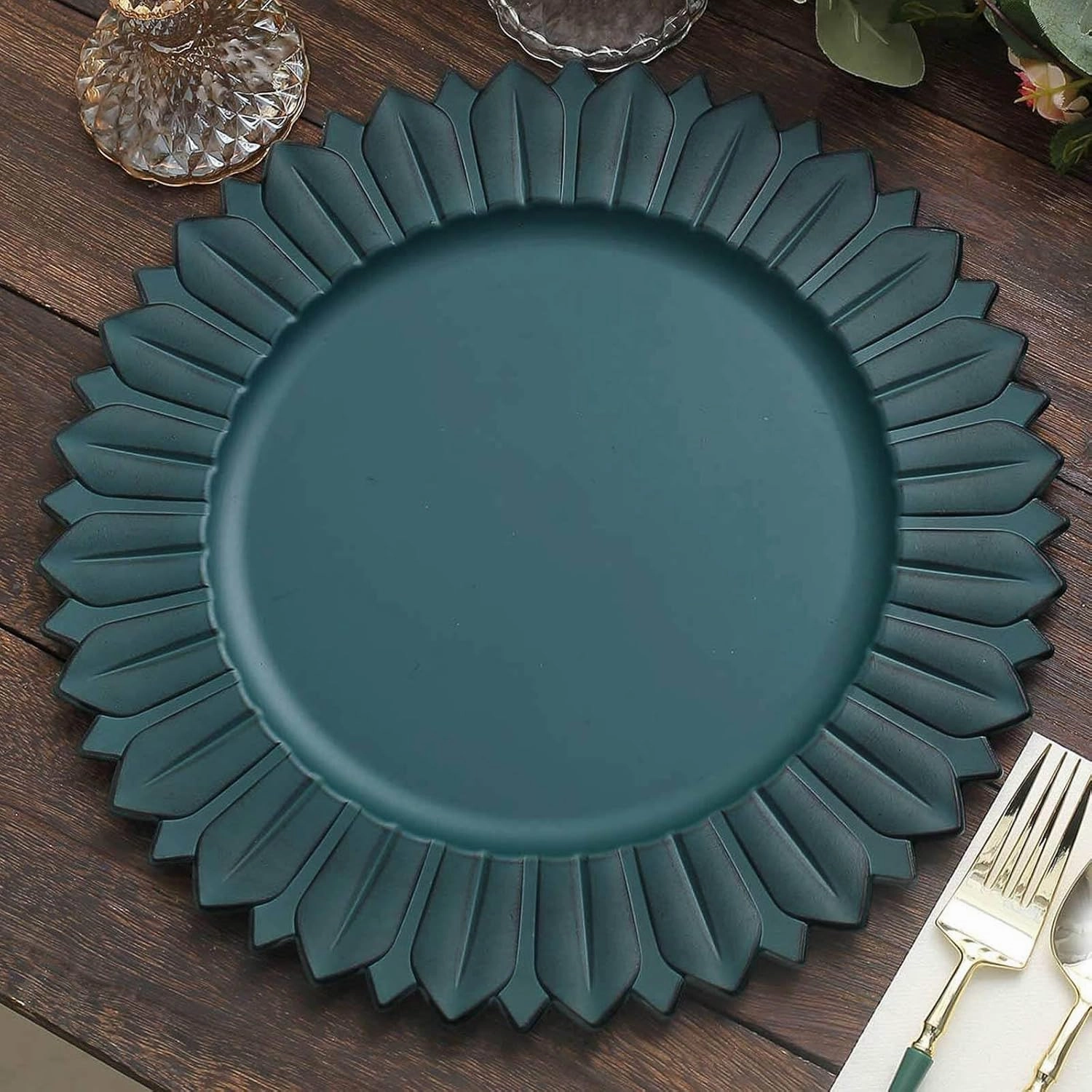 Efavormart 12-Pack Plastic Charger Plates 13" Round Teal with Sunflower Rim - Matte Finish Disposable Dinner Charger Tableware