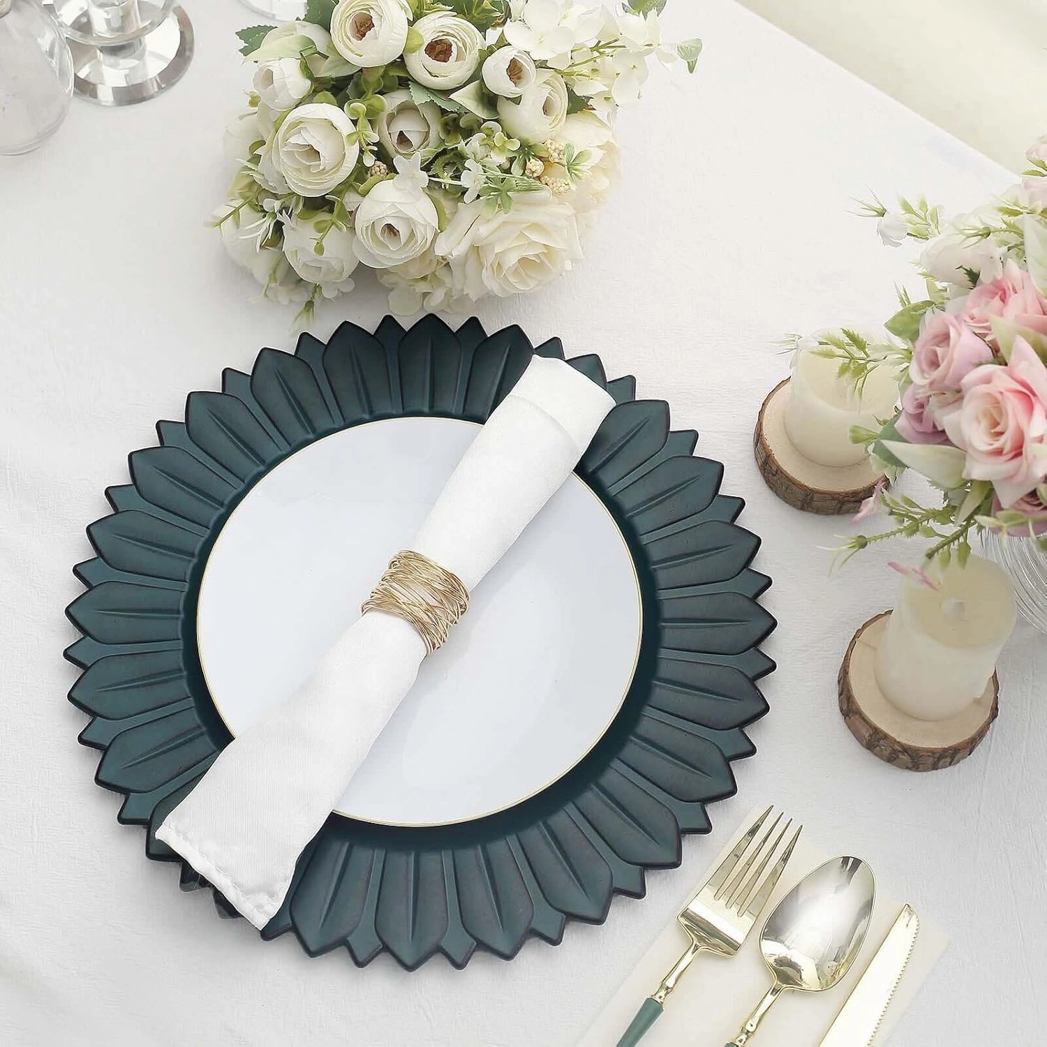 Efavormart 12-Pack Plastic Charger Plates 13" Round Teal with Sunflower Rim - Matte Finish Disposable Dinner Charger Tableware
