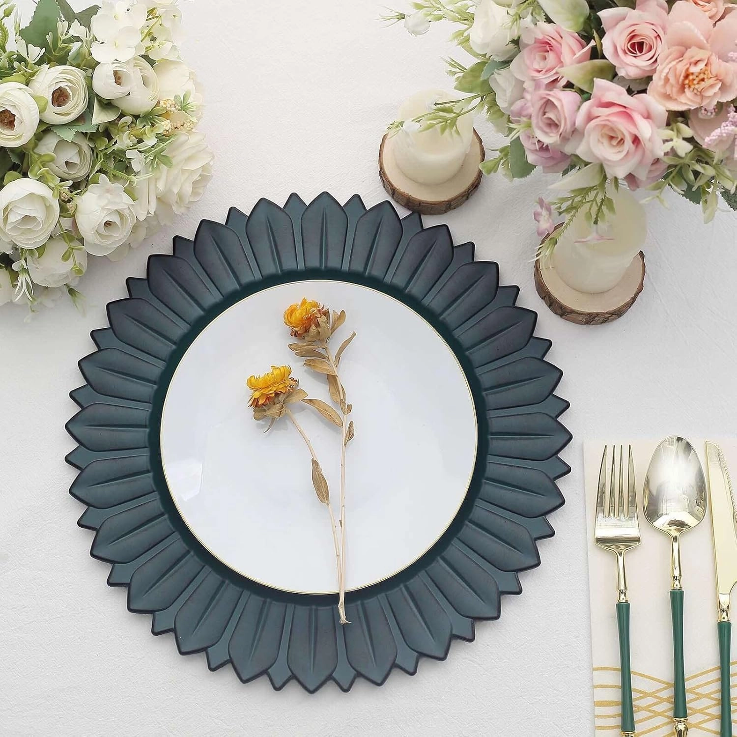 Efavormart 12-Pack Plastic Charger Plates 13" Round Teal with Sunflower Rim - Matte Finish Disposable Dinner Charger Tableware
