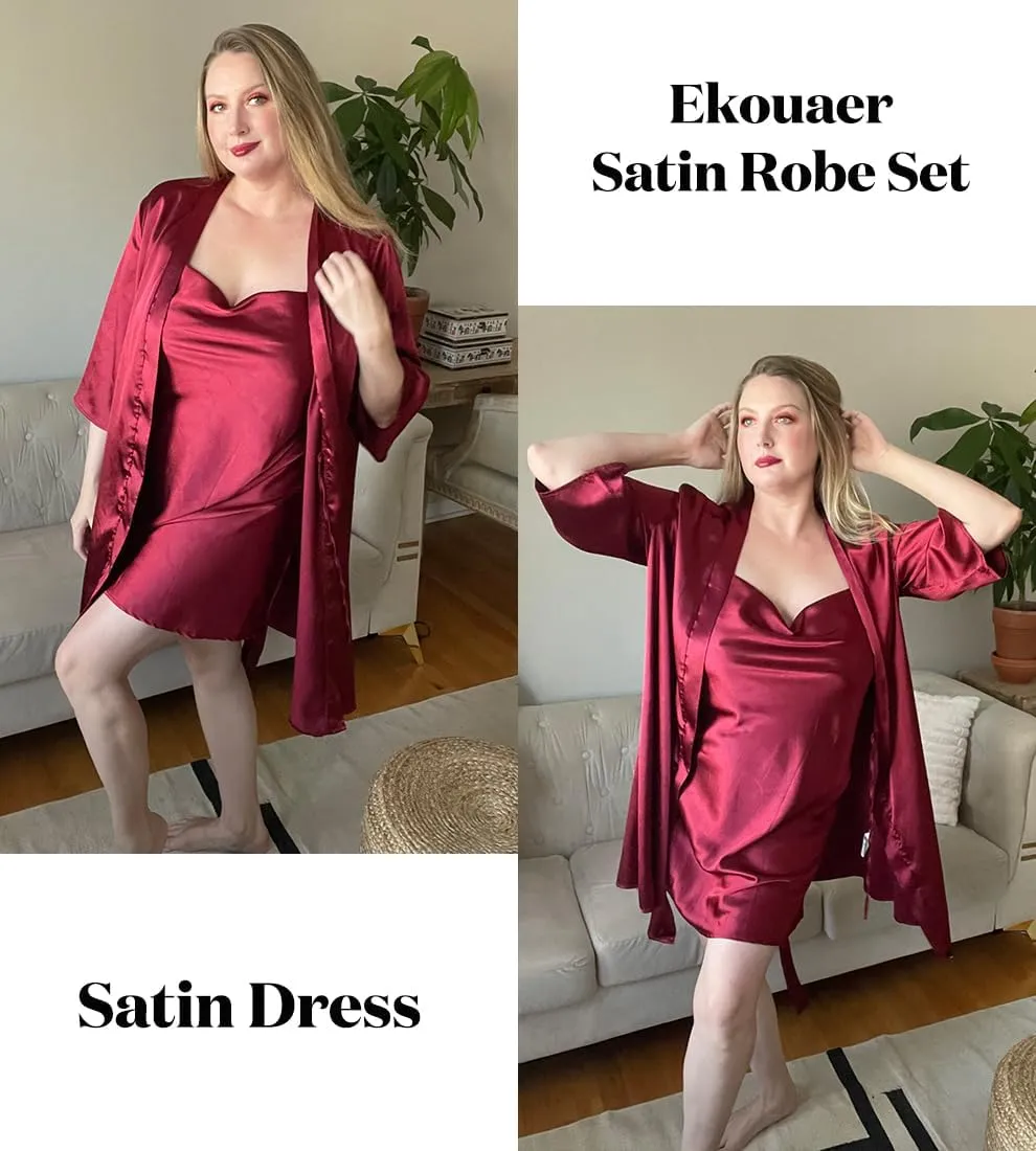 Ekouaer Women's Satin Robe Set Nightgown with Robes Silk Pajama Set 2 Pieces Lingerie Cowl Neck Cami Sleepwear Sets
