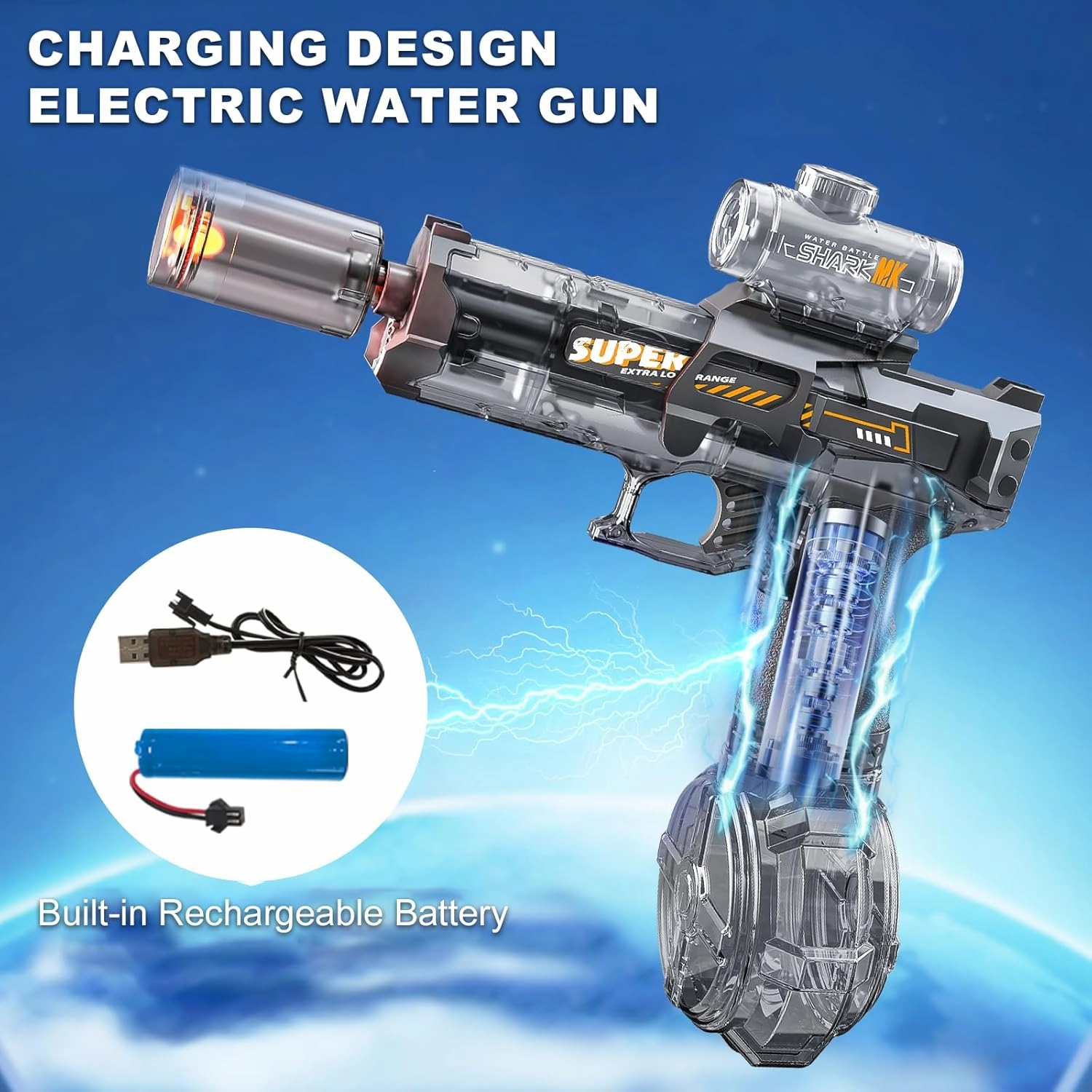 Electric Water Gun for Adults Kids, Automatic Squirt Watergun Pistol with Led Lights, Summer Outdoor Pool Beach Party Toys, Black