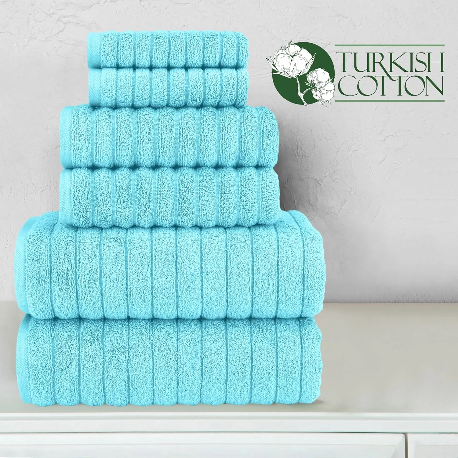Elegant Comfort 100% Turkish Cotton Corduroy Ribbed Luxury Bath Towels 6-Piece Set, Premium Feel - Quick Dry, Highly Absorbent, Contains 2 Bath Towels, 2 Hand Towels, and 2 Washcloths, Aqua