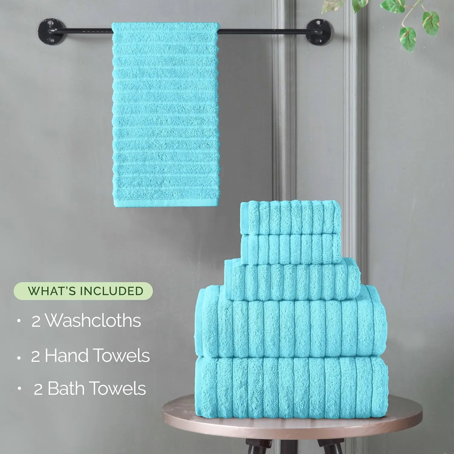 Elegant Comfort 100% Turkish Cotton Corduroy Ribbed Luxury Bath Towels 6-Piece Set, Premium Feel - Quick Dry, Highly Absorbent, Contains 2 Bath Towels, 2 Hand Towels, and 2 Washcloths, Aqua
