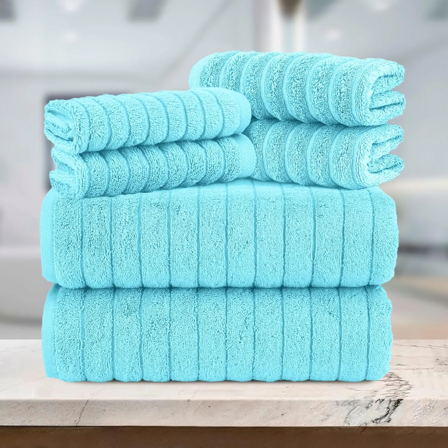 Elegant Comfort 100% Turkish Cotton Corduroy Ribbed Luxury Bath Towels 6-Piece Set, Premium Feel - Quick Dry, Highly Absorbent, Contains 2 Bath Towels, 2 Hand Towels, and 2 Washcloths, Aqua