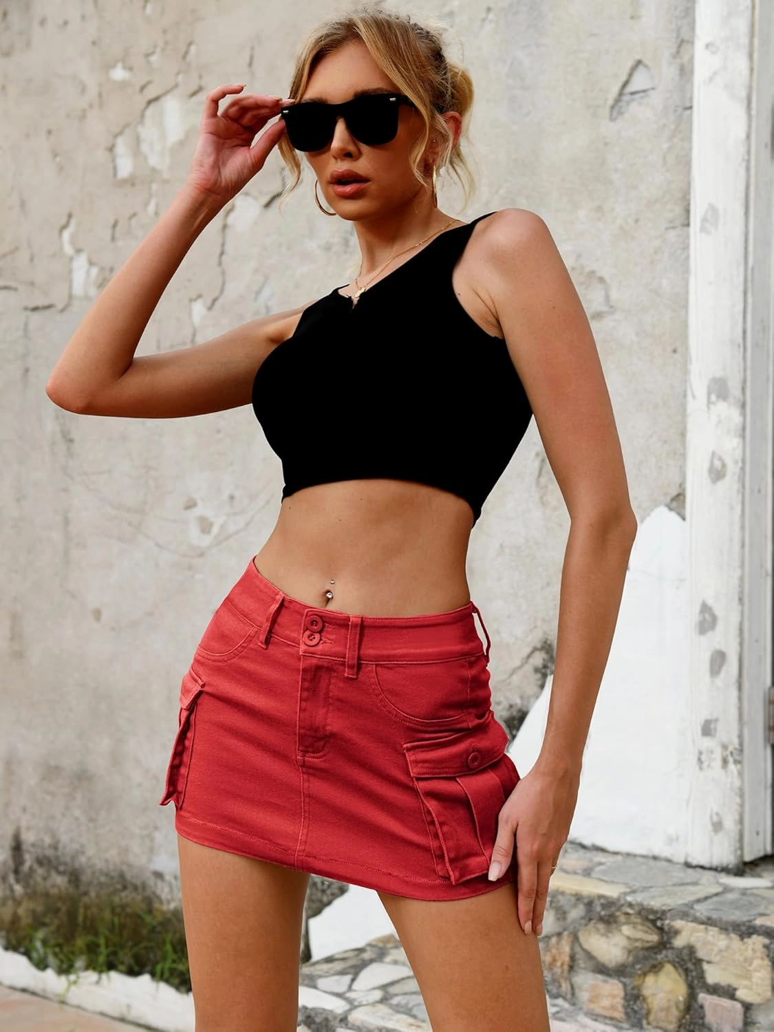 ELLEVEN High Stretchy Denim Cargo Skort for Women, High Waist, Casual Mini Y2K Jean Skirt Shorts with Pockets