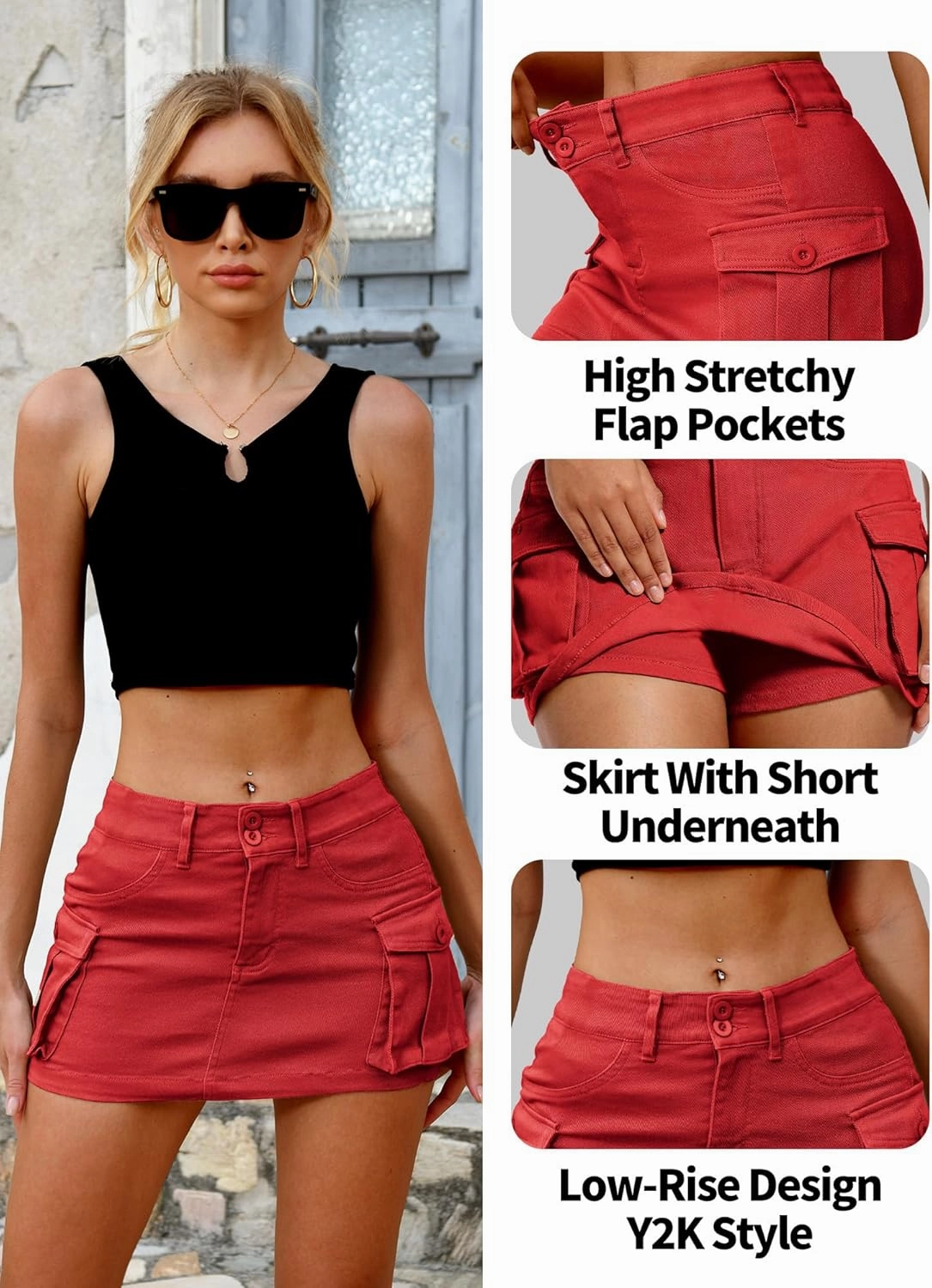 ELLEVEN High Stretchy Denim Cargo Skort for Women, High Waist, Casual Mini Y2K Jean Skirt Shorts with Pockets