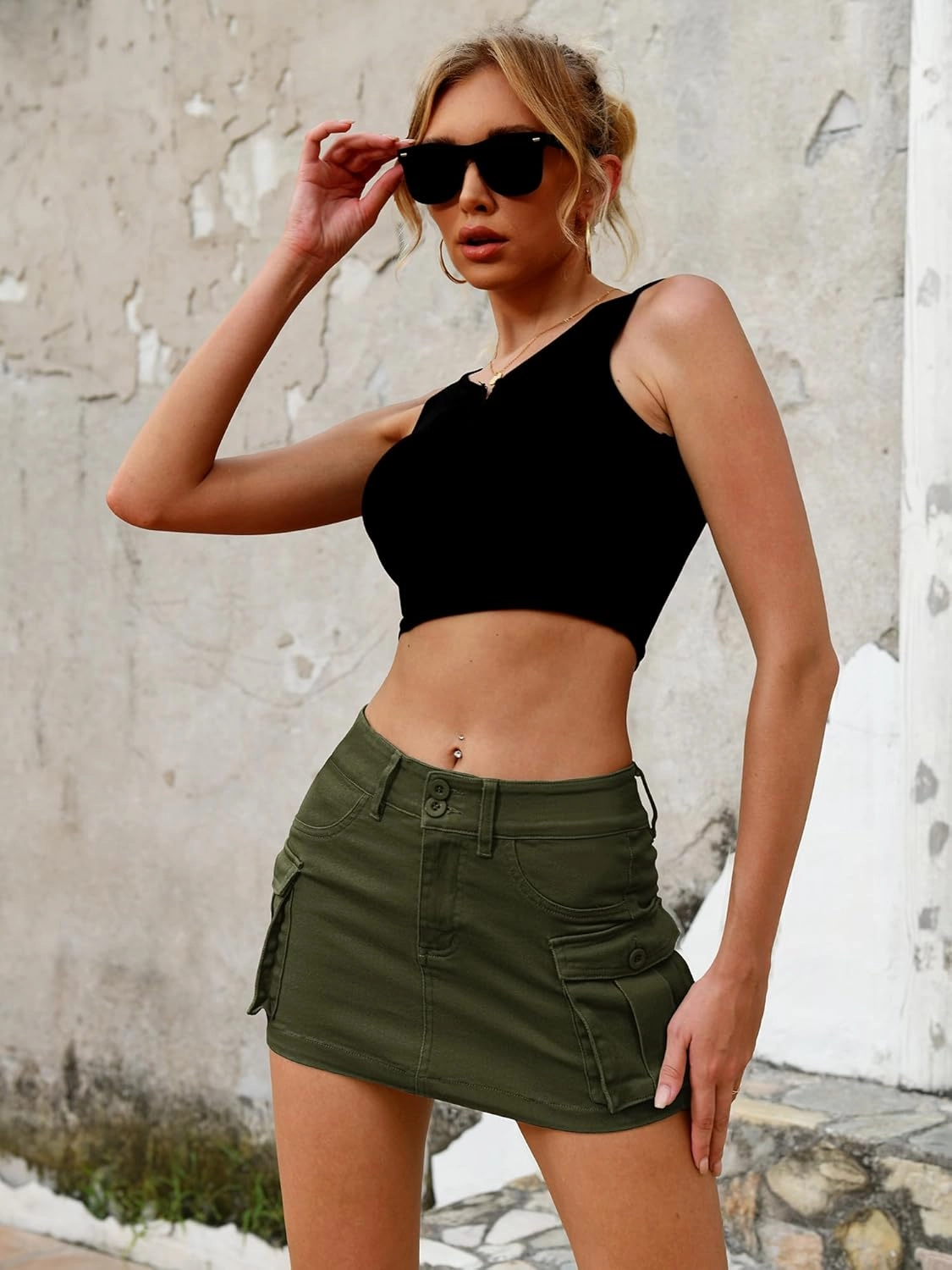 ELLEVEN High Stretchy Denim Cargo Skort for Women, High Waist, Casual Mini Y2K Jean Skirt Shorts with Pockets
