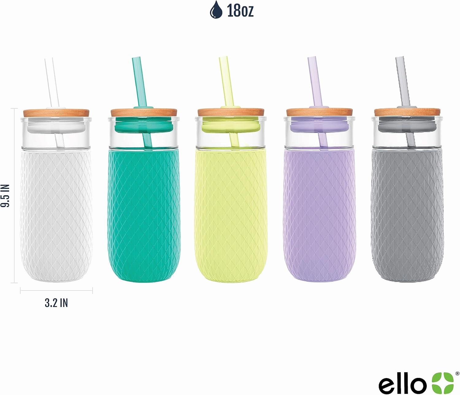 Ello Devon 18oz Glass Tumbler with Straw, Friction Fit Bamboo Wood Lid and Silicone Sleeve | Perfect for Iced Coffee, Tea, Matcha and Smoothies
