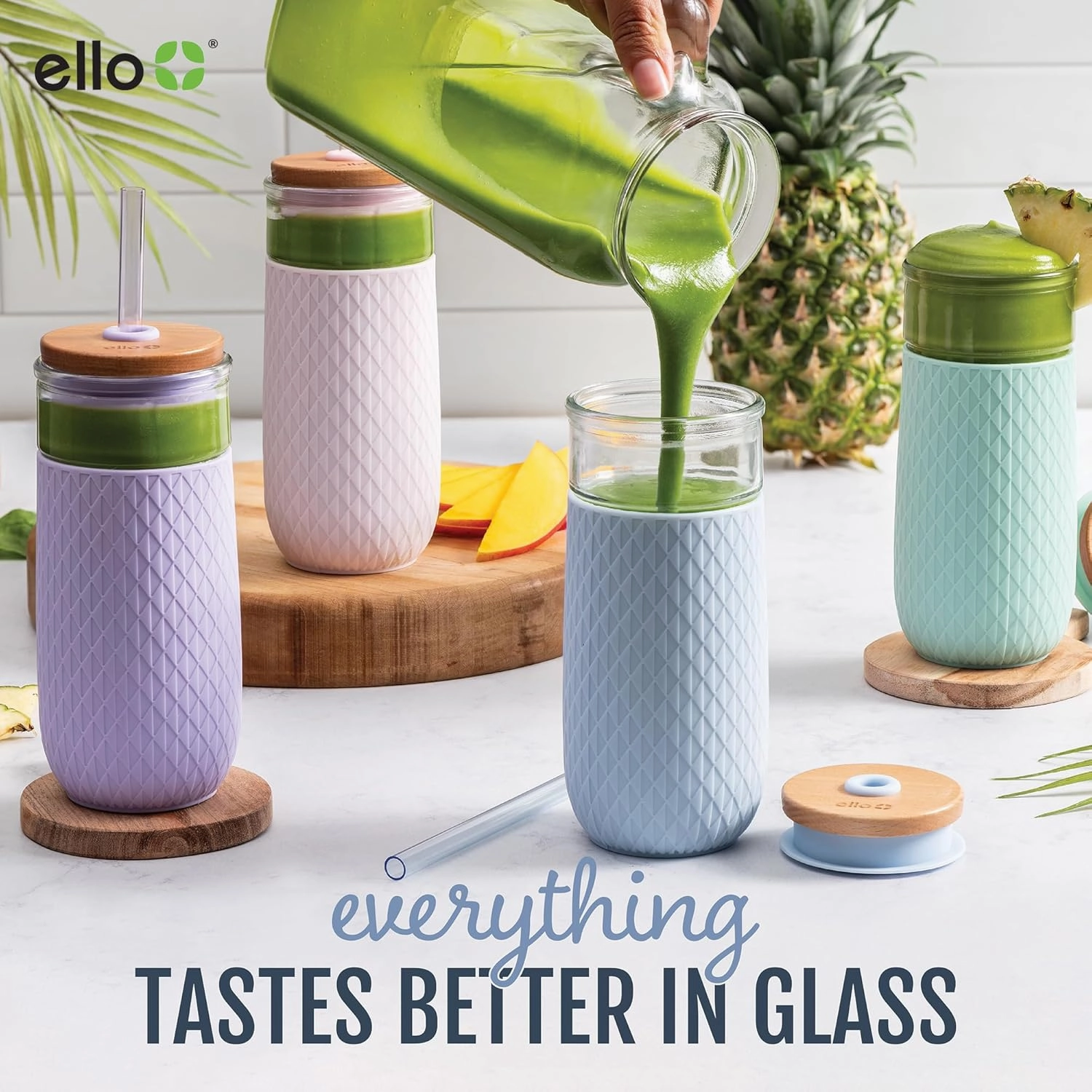 Ello Devon 18oz Glass Tumbler with Straw, Friction Fit Bamboo Wood Lid and Silicone Sleeve | Perfect for Iced Coffee, Tea, Matcha and Smoothies