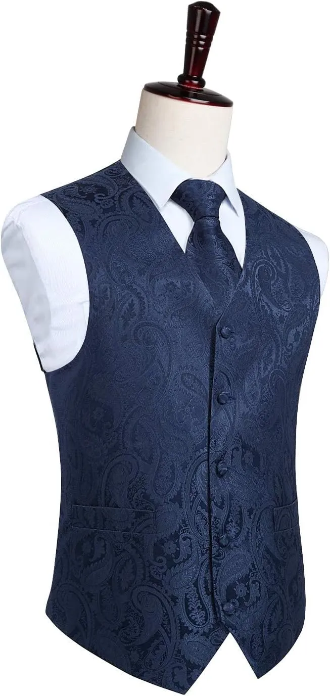 Enlision Mens Vest Tie Set Paisley Vest and Necktie Pocket Square 3pc Formal Dress Waistcoat for Suit or Tuxedo