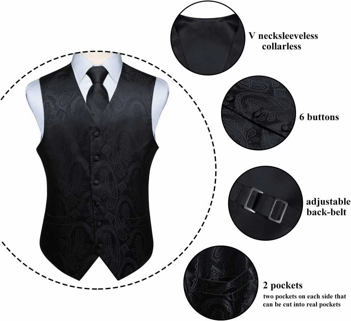 Enlision Mens Vest Tie Set Paisley Vest and Necktie Pocket Square 3pc Formal Dress Waistcoat for Suit or Tuxedo