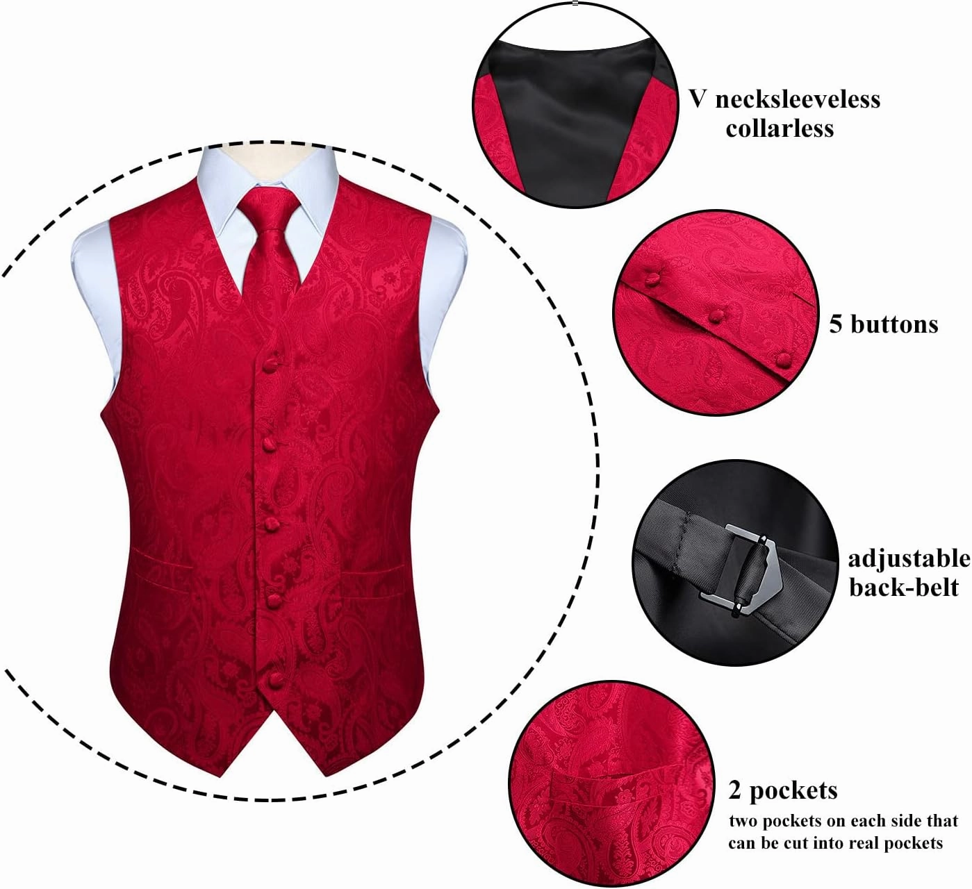 Enlision Mens Vest Tie Set Paisley Vest and Necktie Pocket Square 3pc Formal Dress Waistcoat for Suit or Tuxedo