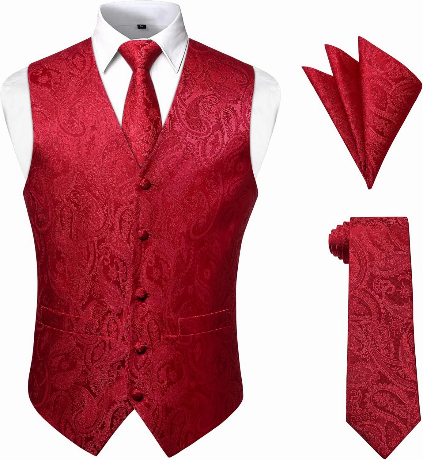 Enlision Mens Vest Tie Set Paisley Vest and Necktie Pocket Square 3pc Formal Dress Waistcoat for Suit or Tuxedo