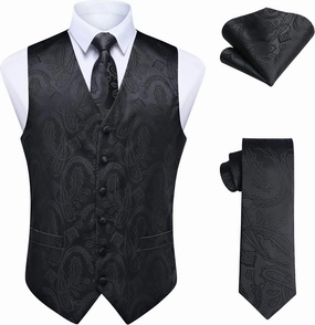 Enlision Mens Vest Tie Set Paisley Vest and Necktie Pocket Square 3pc Formal Dress Waistcoat for Suit or Tuxedo