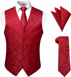 Enlision Mens Vest Tie Set Paisley Vest and Necktie Pocket Square 3pc Formal Dress Waistcoat for Suit or Tuxedo