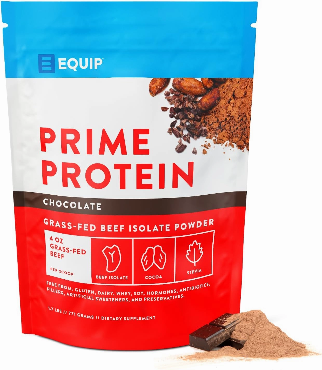 Equip Foods Prime Protein Powder | Clean, Grass Fed Beef Protein Isolate | Carnivore Protein Powder | Paleo, Keto Friendly | Gluten, Dairy Free | Helps Build & Repair Tissue | 30 Servings, Chocolate