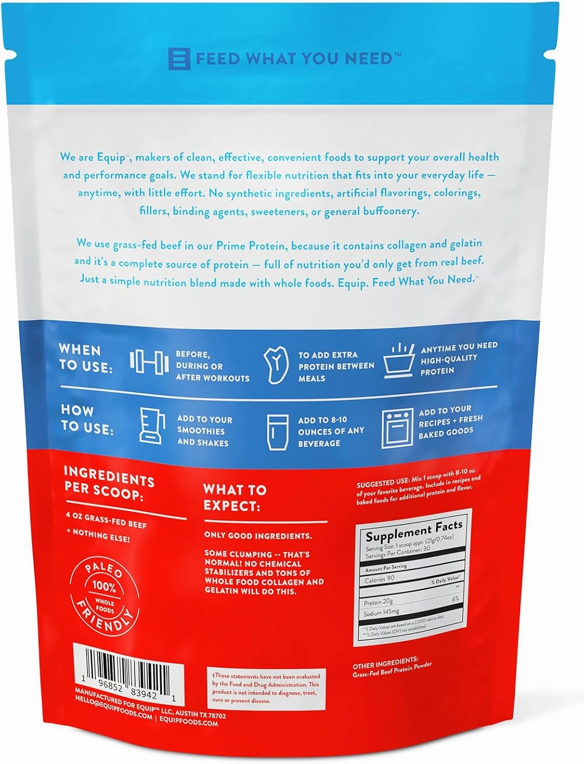 Equip Foods Prime Protein Powder | Clean, Grass Fed Beef Protein Isolate | Carnivore Protein Powder | Paleo, Keto Friendly | Gluten, Dairy Free | Helps Build & Repair Tissue | 30 Servings, Unflavored