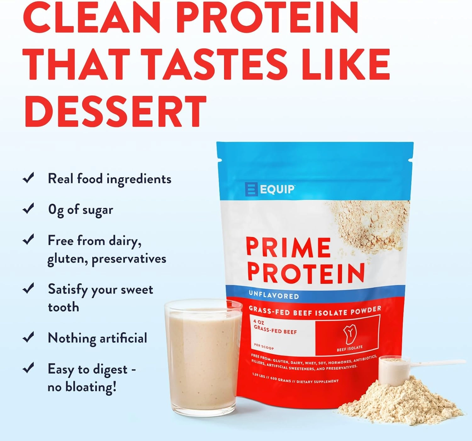 Equip Foods Prime Protein Powder | Clean, Grass Fed Beef Protein Isolate | Carnivore Protein Powder | Paleo, Keto Friendly | Gluten, Dairy Free | Helps Build & Repair Tissue | 30 Servings, Unflavored