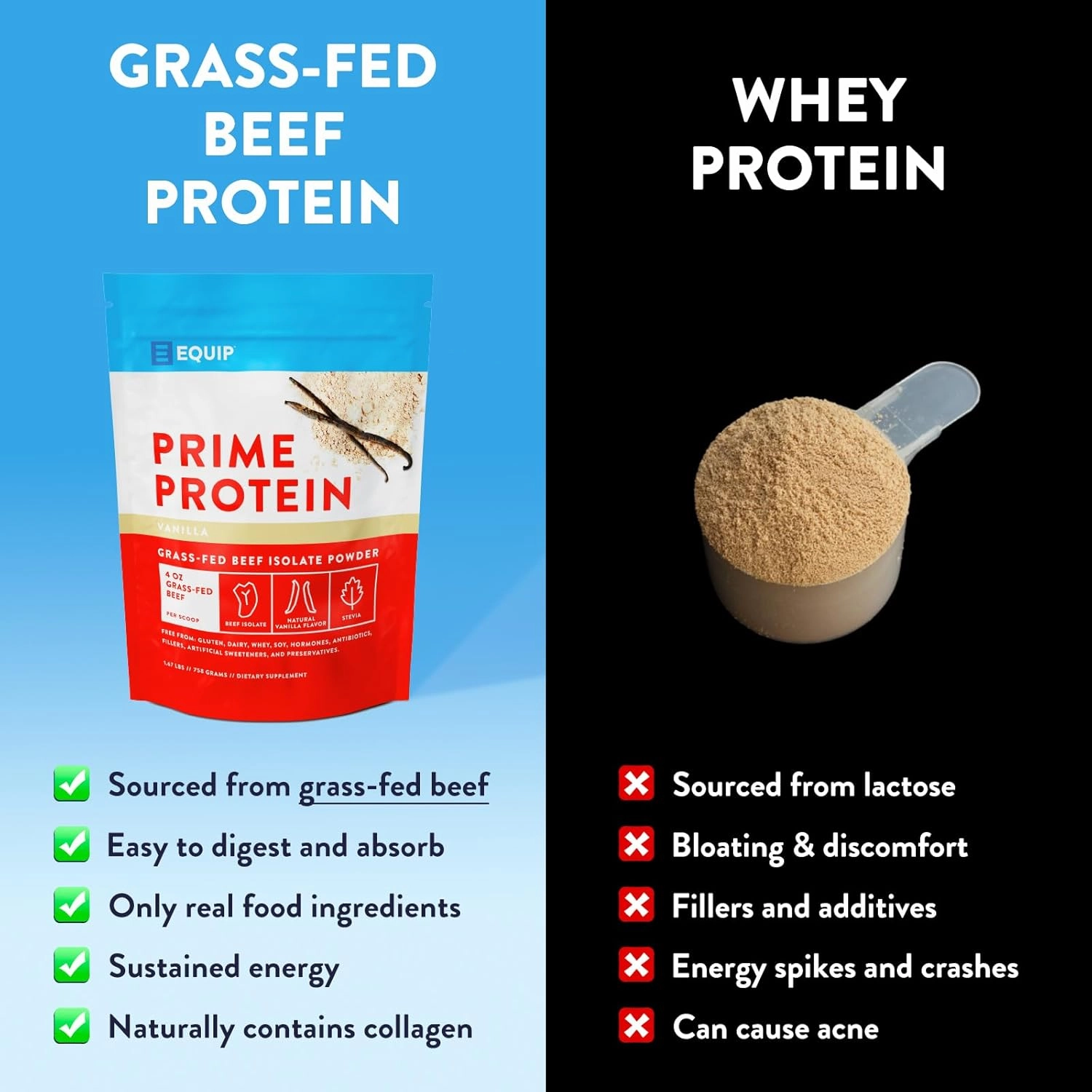 Equip Foods Prime Protein Powder | Clean, Grass Fed Beef Protein Isolate | Carnivore Protein Powder | Paleo, Keto Friendly | Gluten, Dairy Free | Helps Build & Repair Tissue | 30 Servings, Vanilla