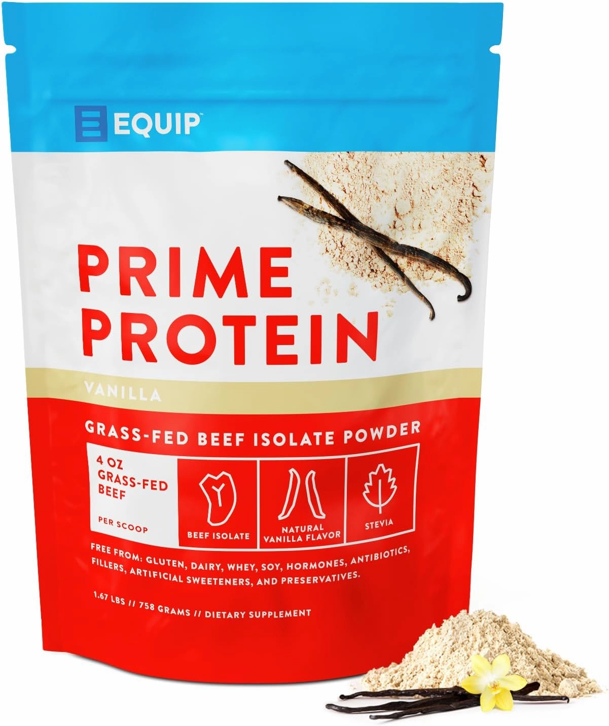 Equip Foods Prime Protein Powder | Clean, Grass Fed Beef Protein Isolate | Carnivore Protein Powder | Paleo, Keto Friendly | Gluten, Dairy Free | Helps Build & Repair Tissue | 30 Servings, Vanilla