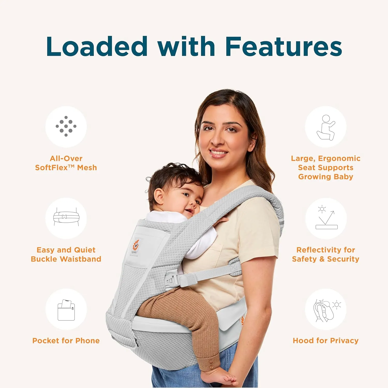 Ergobaby Alta Hip Seat All-Position Breathable Mesh Hip Seat & Carrier, Pearl Grey