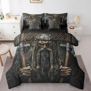 Erosebridal Norse Viking Queen Comforter Set 7 Piece Double Battleaxe Bedding Set for Kids Teen Adults,Ancient Viking Warrior Bed in A Bag Vintage Exotic Tribe Sheet Set with Comforter
