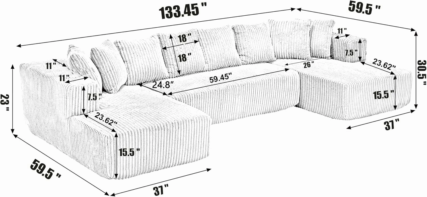 ERYE U-Shaped Oversized Floor Lounge Sofa, Living Room Symmetrical Modular Sectional Couch Accent Full Foam Sofa&Couch with Double Chaise Daybed, Soft Corduroy Upholstery, 8 Pillows