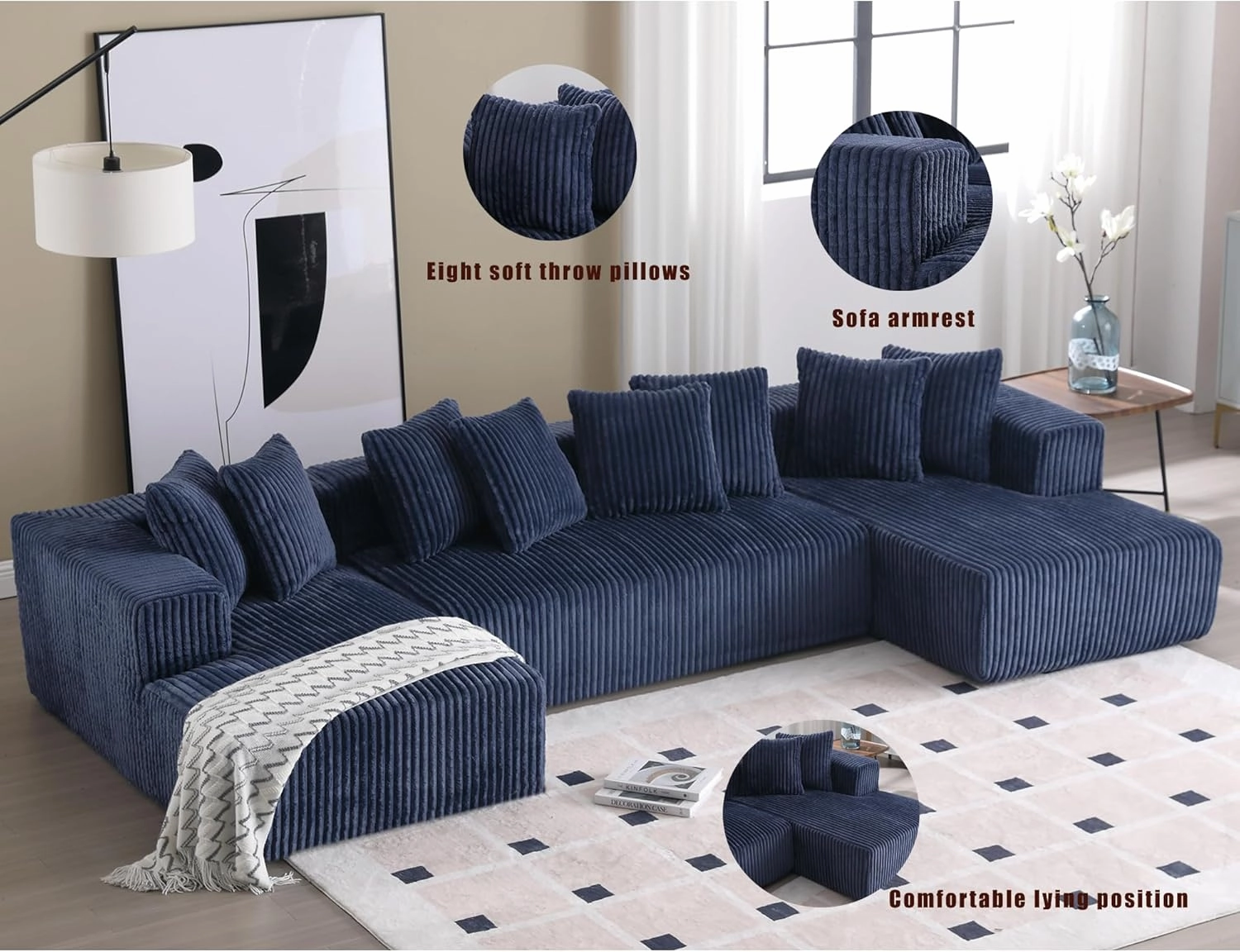 ERYE U-Shaped Oversized Floor Lounge Sofa, Living Room Symmetrical Modular Sectional Couch Accent Full Foam Sofa&Couch with Double Chaise Daybed, Soft Corduroy Upholstery, 8 Pillows