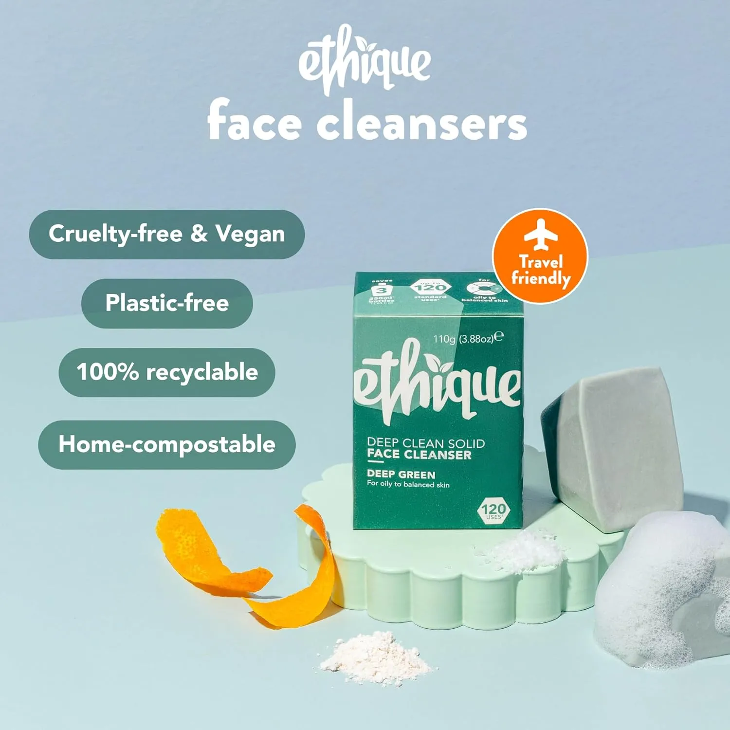 Ethique Deep Cleaning Solid Natural Face Cleanser for Oily to Balanced Skin - Deep Green - Vegan, Eco-Friendly- Zero-Waste, Plastic-Free, Cruelty-Free, 3.53 oz (Pack of 1:4 Bars)