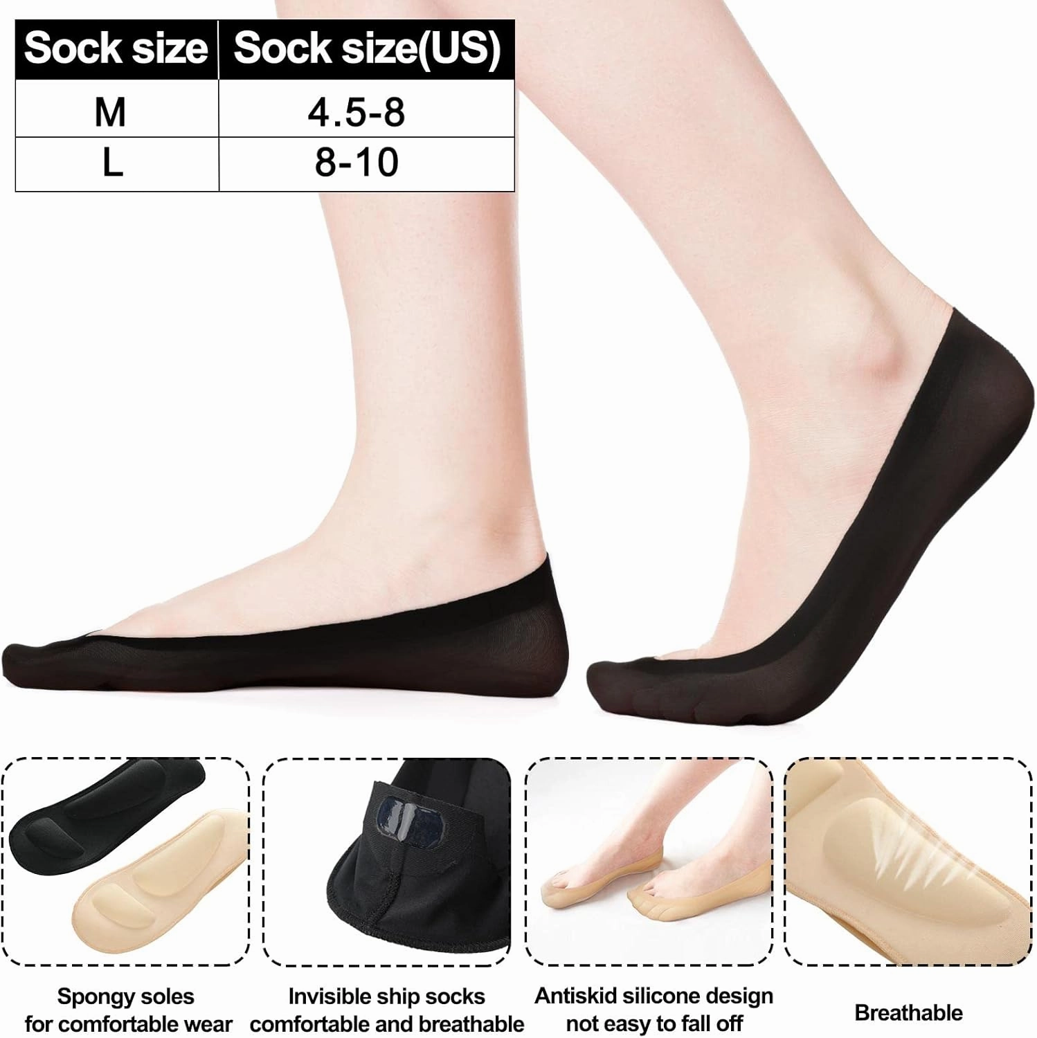 Eurzom 4 Pairs Arch Support Socks for Women No Show Liner Socks 3D Padded Nylon Stockings Sponge Cushion Non Slip Massage(Black, Light Skin,Medium)