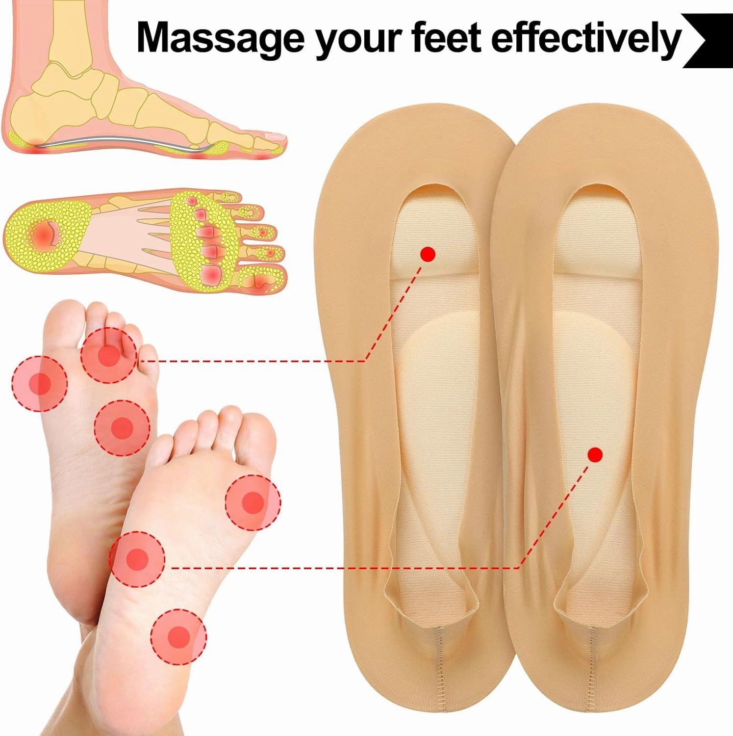 Eurzom 4 Pairs Arch Support Socks for Women No Show Liner Socks 3D Padded Nylon Stockings Sponge Cushion Non Slip Massage(Black, Light Skin,Medium)