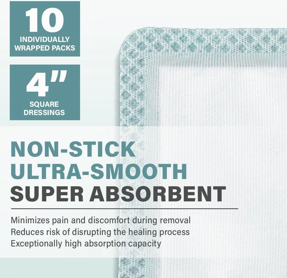EVERLIT Super Absorbent Dressing for Wound Care | Nonstick Soft Surgical Gauze Pad for Heavily Exuding Wounds | Large Sterile Non-Adhesive Bandage for Fast Healing Wound Care | Pack of 10 (4" x 4")