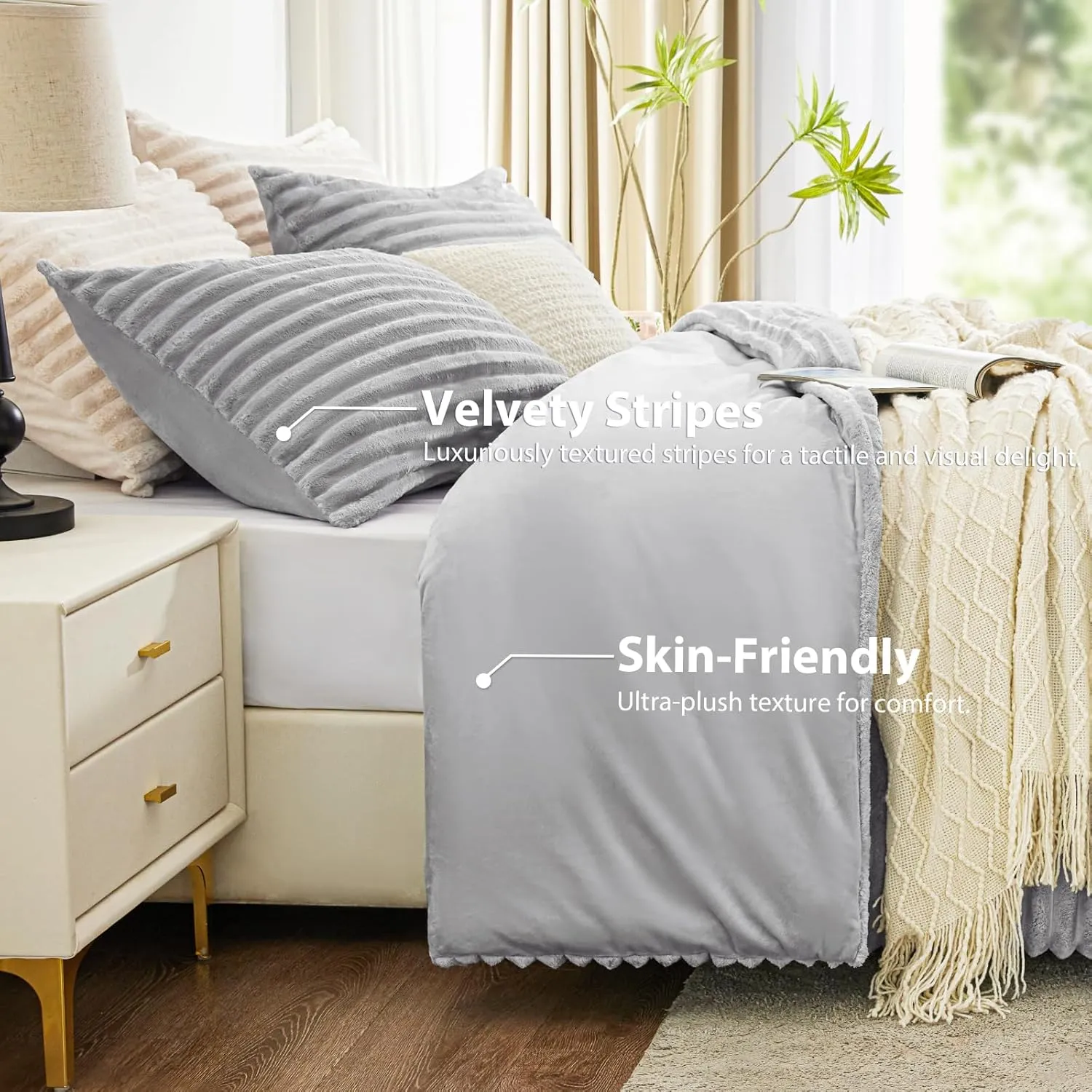 EXQ Home Fluffy Comforter Set Queen Size - Super Soft Faux Fur Stripe Jacquard Comforter 3 Pieces, Light Gray Fleece Bedding Set,Winter Warm Bed Set,1 Comforter with 2 Pillowcases