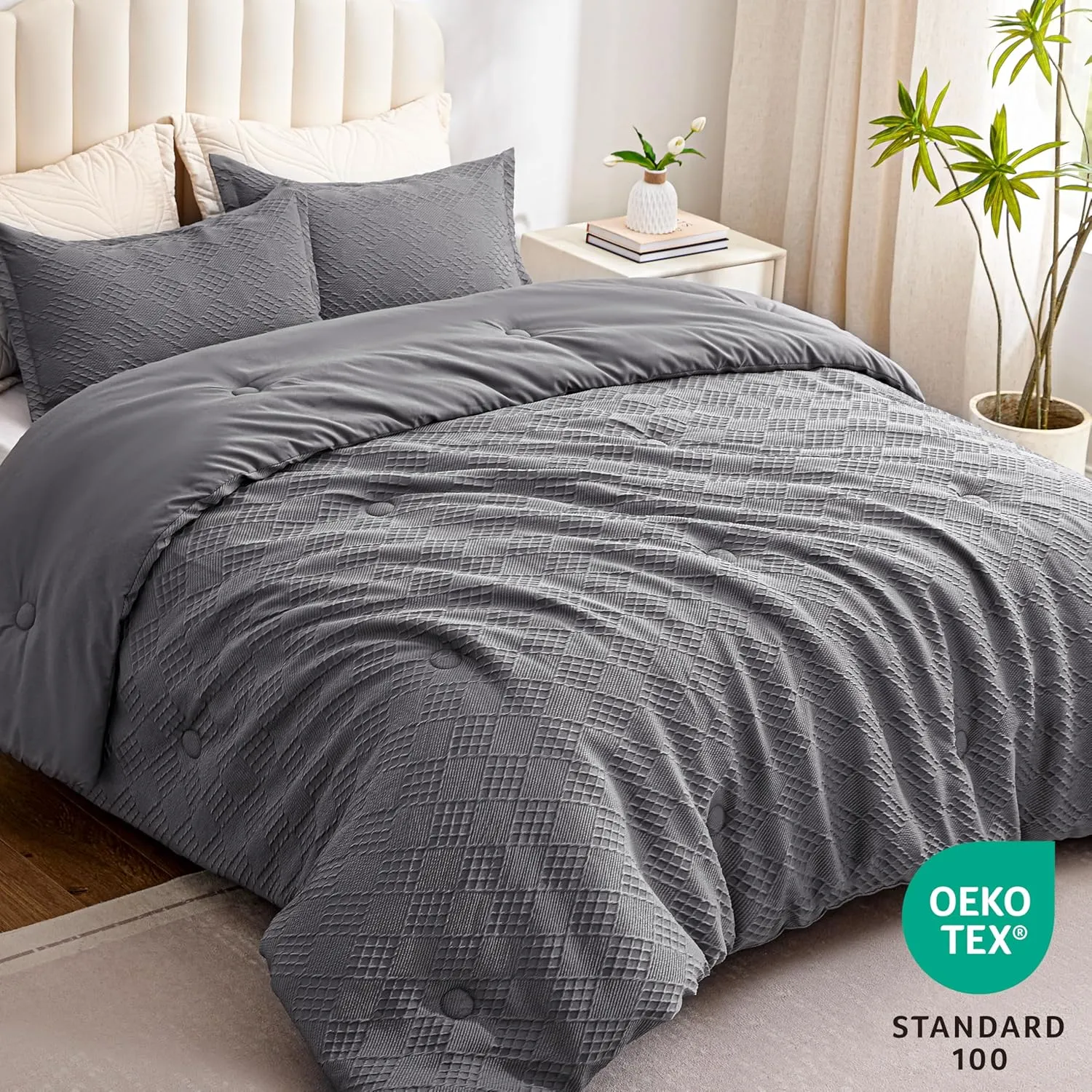 EXQ Home Waffle Comforter Queen Size - Super Soft Embossed Design Comforter Set 3 Pieces, Grey 3D Diamond Pattern Bedding Set,Winter Warm Bed Set,1 Comforter with 2 Pillowcases