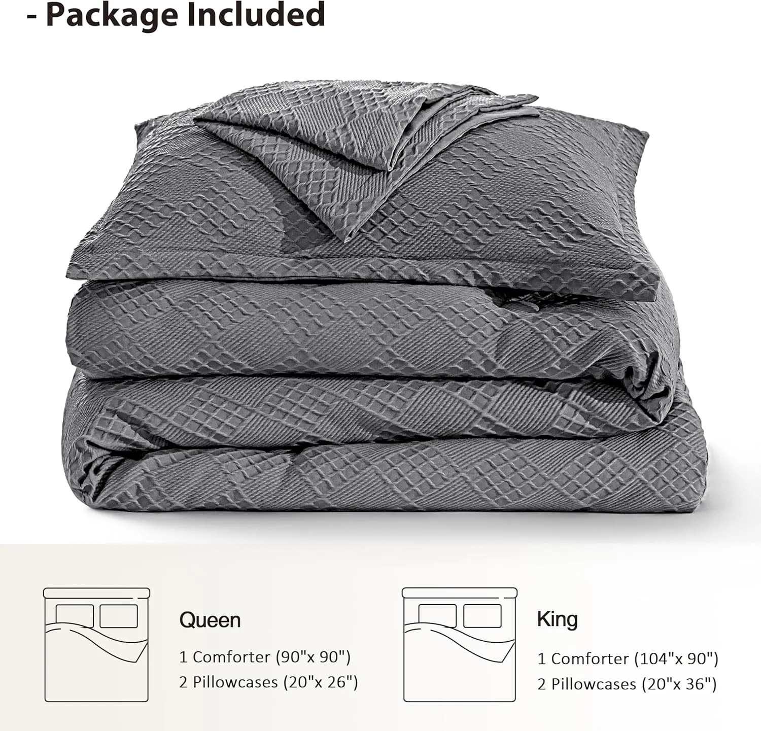 EXQ Home Waffle Comforter Queen Size - Super Soft Embossed Design Comforter Set 3 Pieces, Grey 3D Diamond Pattern Bedding Set,Winter Warm Bed Set,1 Comforter with 2 Pillowcases