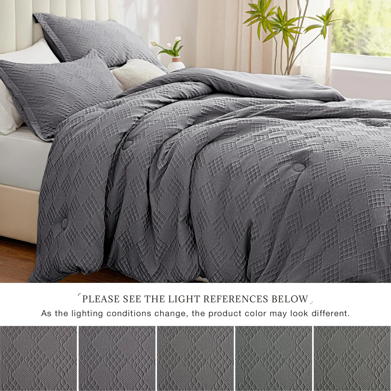 EXQ Home Waffle Comforter Queen Size - Super Soft Embossed Design Comforter Set 3 Pieces, Grey 3D Diamond Pattern Bedding Set,Winter Warm Bed Set,1 Comforter with 2 Pillowcases