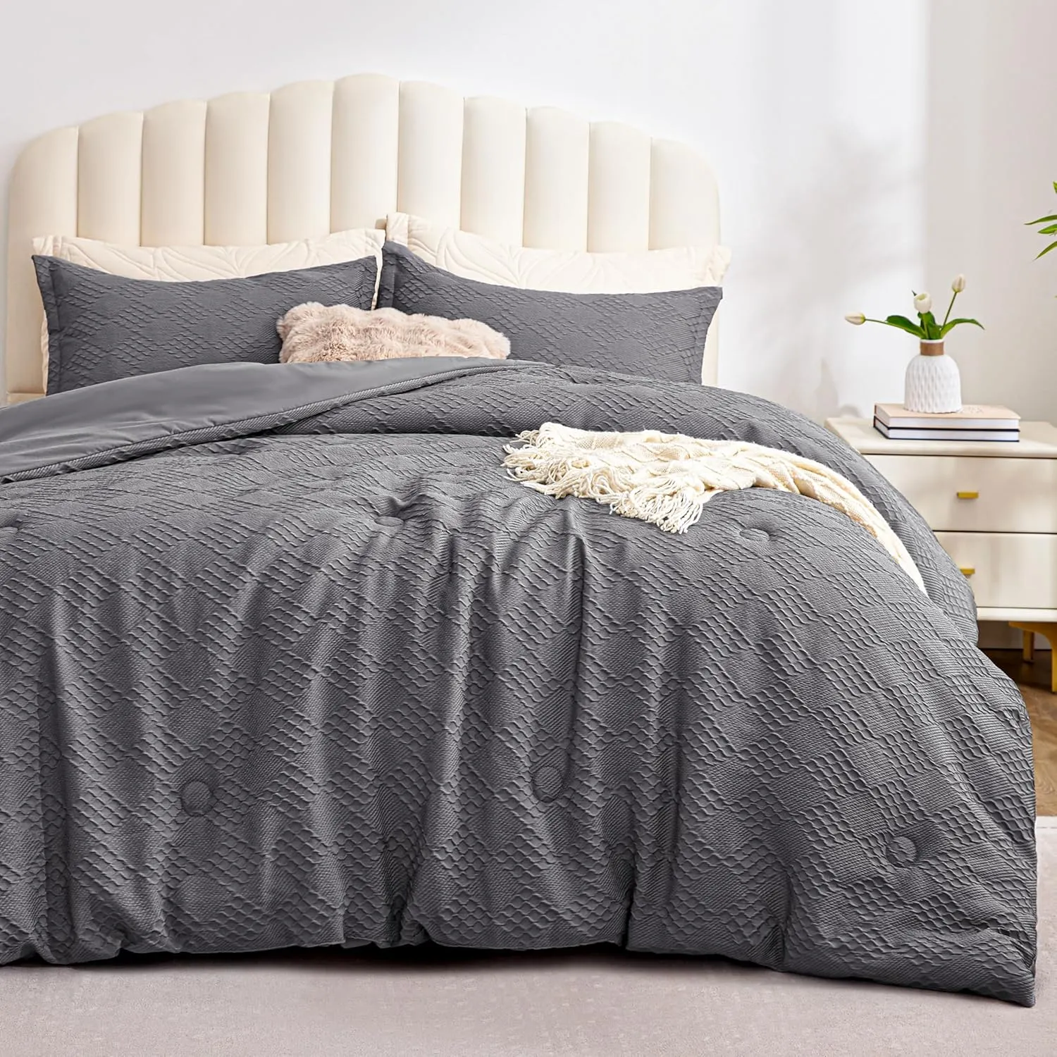 EXQ Home Waffle Comforter Queen Size - Super Soft Embossed Design Comforter Set 3 Pieces, Grey 3D Diamond Pattern Bedding Set,Winter Warm Bed Set,1 Comforter with 2 Pillowcases
